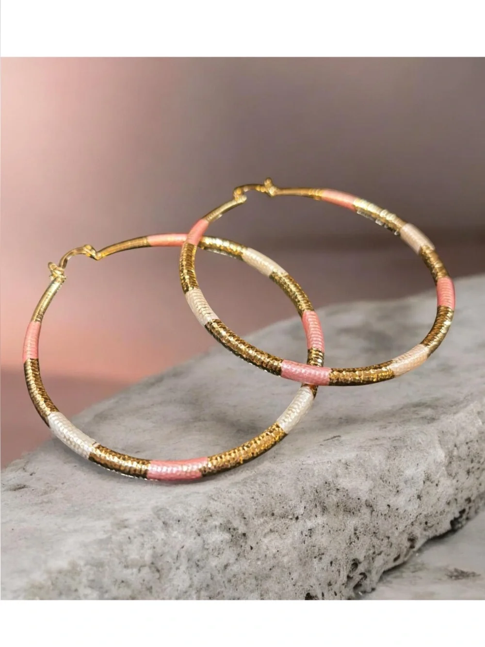 14k Gold Plated Pink and White Wrapped Hoop Earrings NWOT